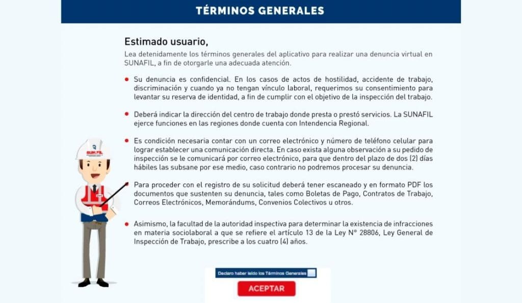 Denuncia virtual laboral en Sunafil términos generales